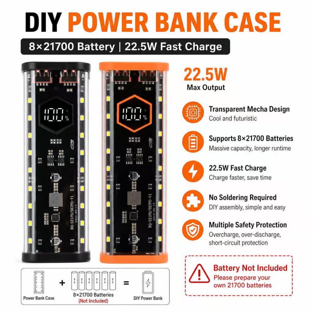 Diy Electronics Hobby - Caja para Baterías 8*21700, Carga Rápida